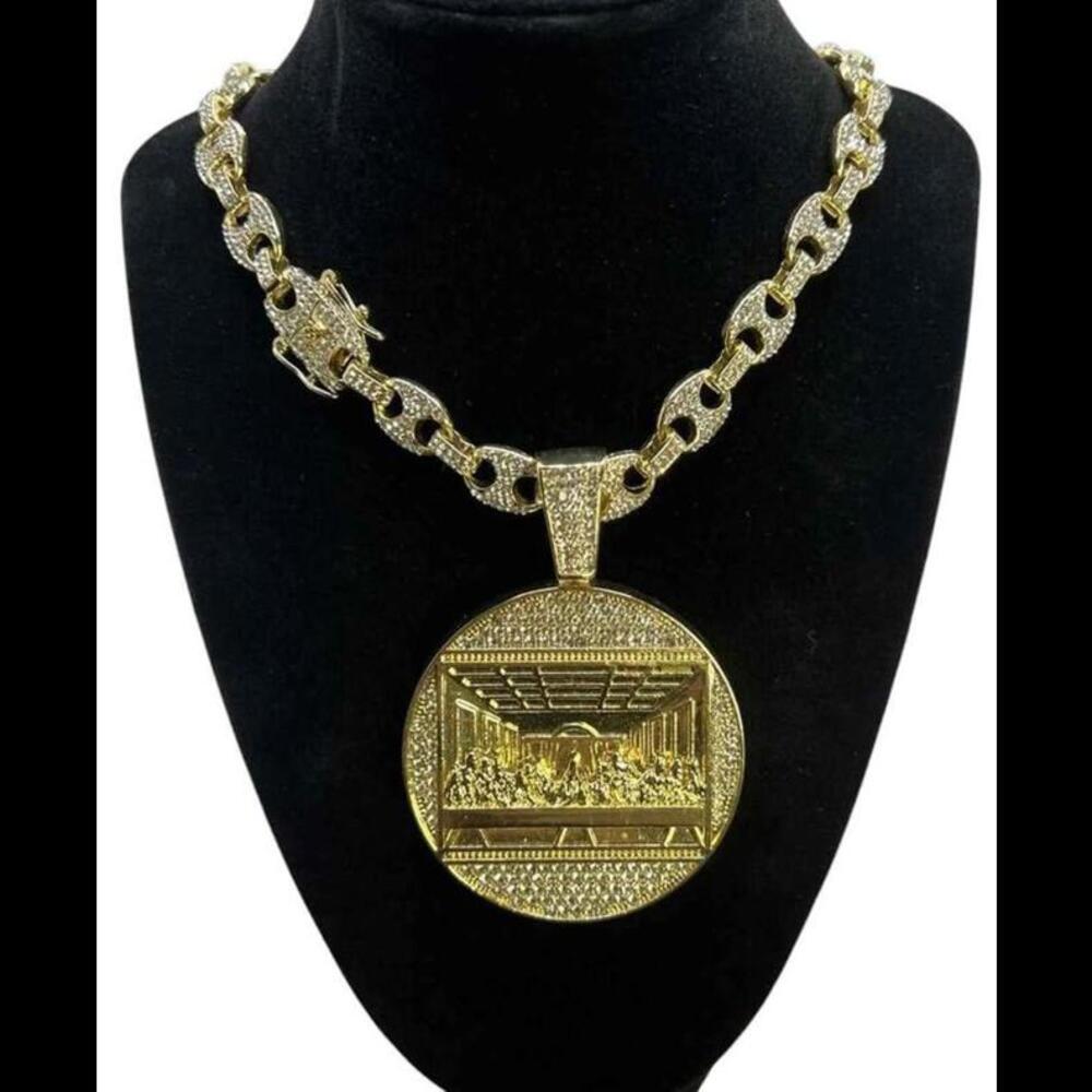 New Jesus The Last Supper Yellow Gold Tone Bling Iced Out Necklace